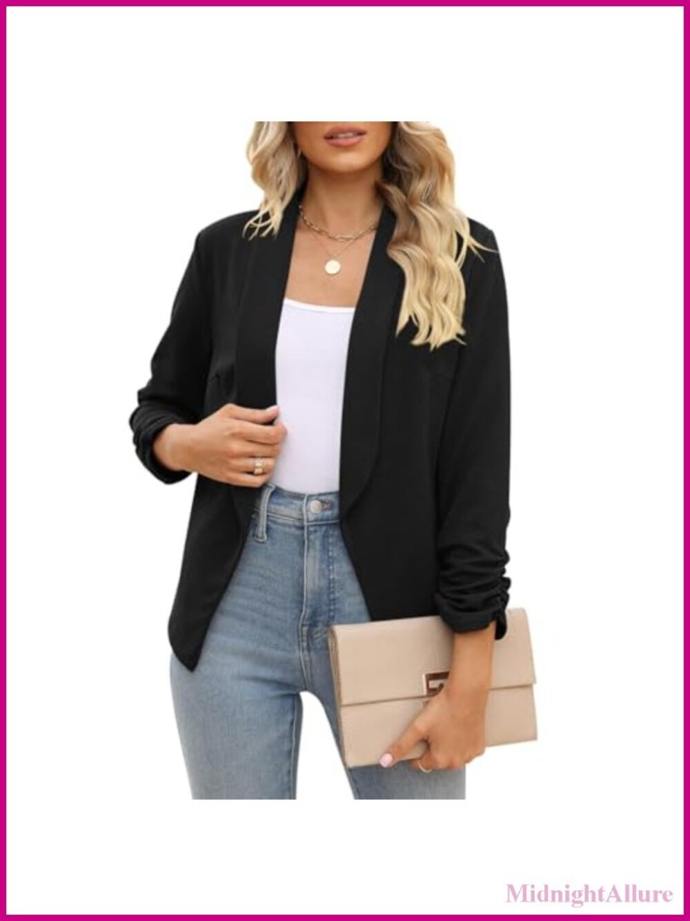Women's Open Front Blazer 3/4 Ruched Sleeve Business Casual Work Office Suit